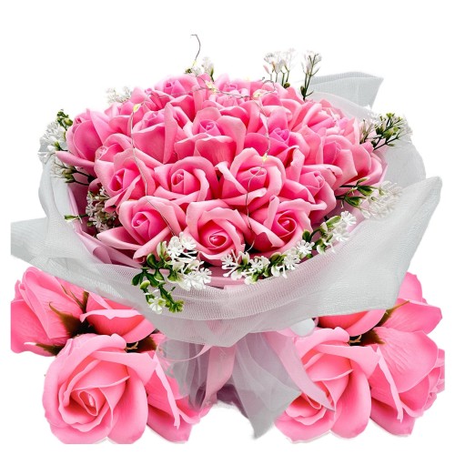 Przejdź do produktu Bukiet róż z płatków mydlanych z led różowy ozdobny z tiulem na  prezent 33 róże dzień kobiet prezent dla niej 
