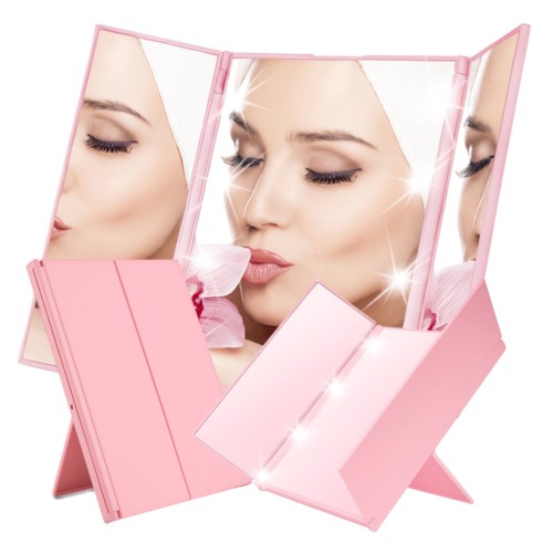 Przejdź do produktu Lusterko kosmetyczne z LED składane potrójne różowe