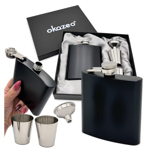 Przejdź do produktu Piersiówka stalowa zestaw z kieliszkami i lejkiem w eleganckim pudełku