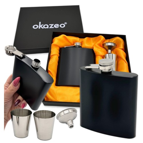 Przejdź do produktu Stalowa piersiówka czarna kieliszki lejek pudełko na prezent zestaw