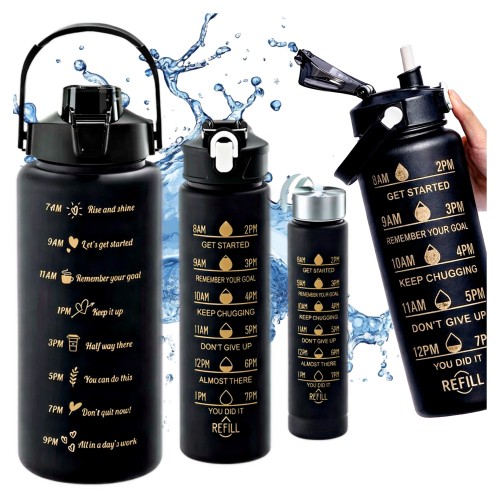 Przejdź do produktu Zestaw bidonów 3 szt. czarne butelki sportowe na wodę 2000ml 750ml 300ml