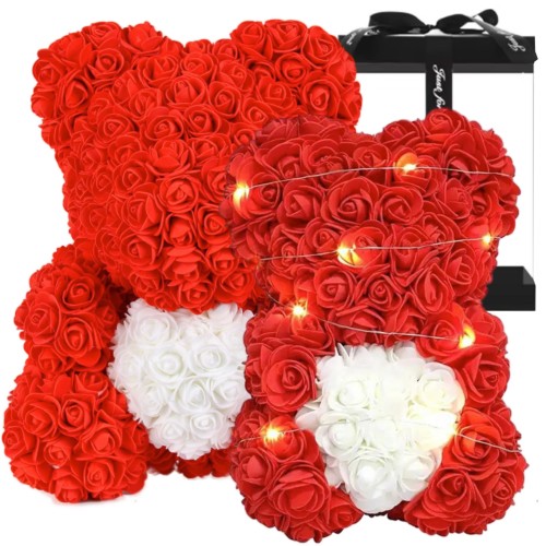 Przejdź do produktu Miś z Róż Rose Bear LED 25 cm – prezent na walentynki z płatków róż ZŁOŻONY na dzień kobiet prezent dla niej 