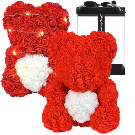 Miś z róż na prezent z LED 25 cm - czerwony z sercem3.jpeg