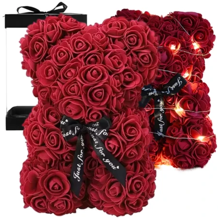Miś z róż na prezent z LED 25 cm - bordowy1.jpeg
