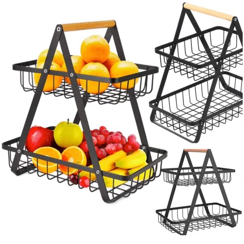 Przejdź do produktu Kosz koszyk patera kuchenna metalowa dwupoziomowa z uchwytem czarna