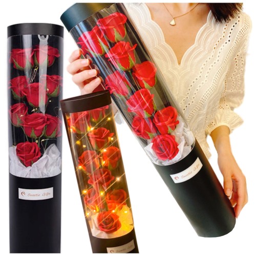 Przejdź do produktu FLOWER BOX Bukiet czerwonych róż mydlanych w tubie z led prezent dekoracja kwiaty dzień kobiet prezent dla niej 
