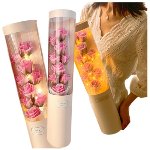 Przejdź do produktu FLOWER BOX Bukiet róże mydlane w tubie z led prezent dekoracja kwiaty różowe dzień kobiet prezent dla niej 