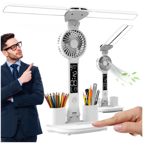 Przejdź do produktu Lampka LED biurkowa z wentylatorem zegarem i wyświetlaczem 7w1 biała