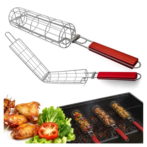 Przejdź do produktu Ruszt do grilla z drewnianą rączką okrągły koszyk na mięso warzywa 58x9