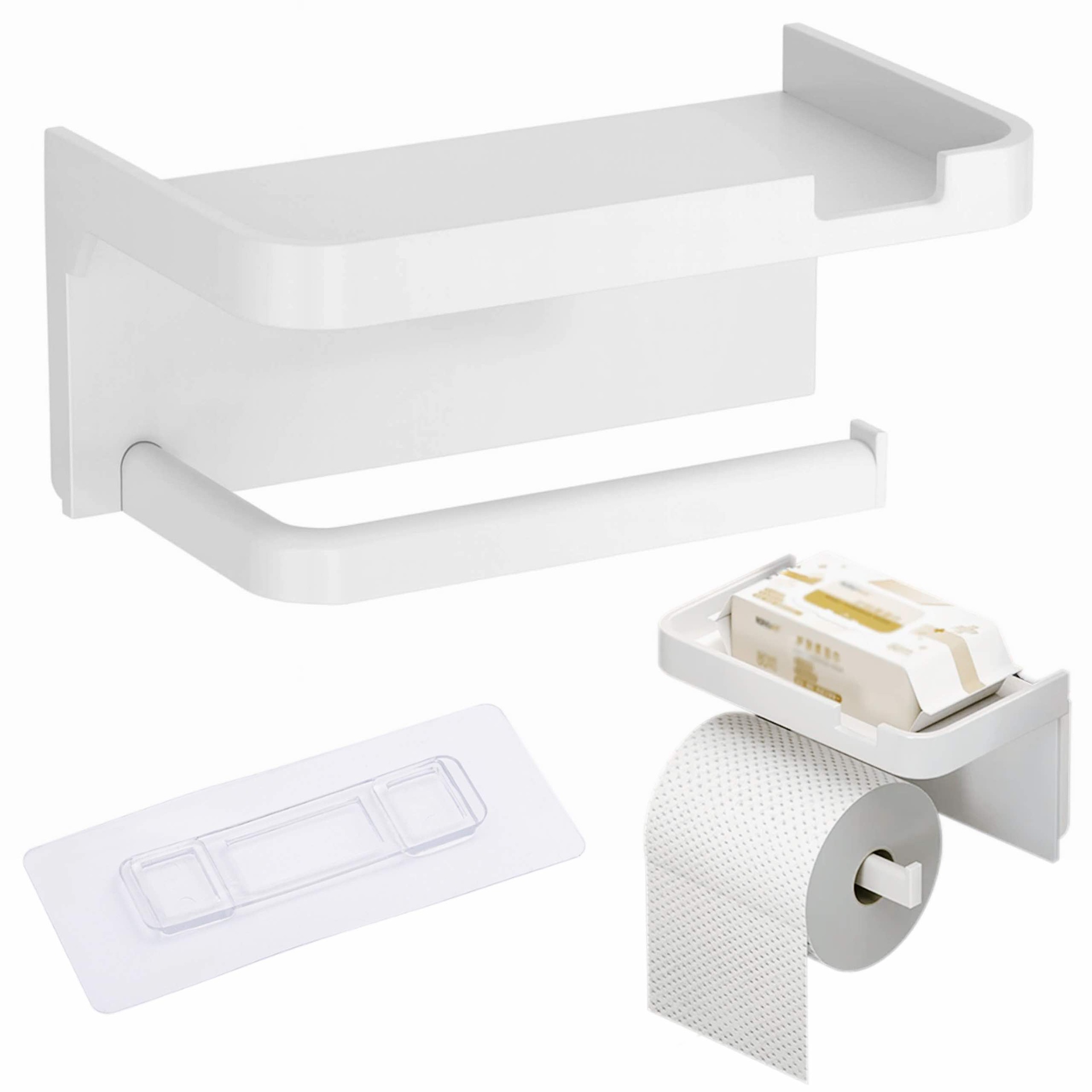 Uchwyt na papier toaletowy z półką biały montaż bez wiercenia