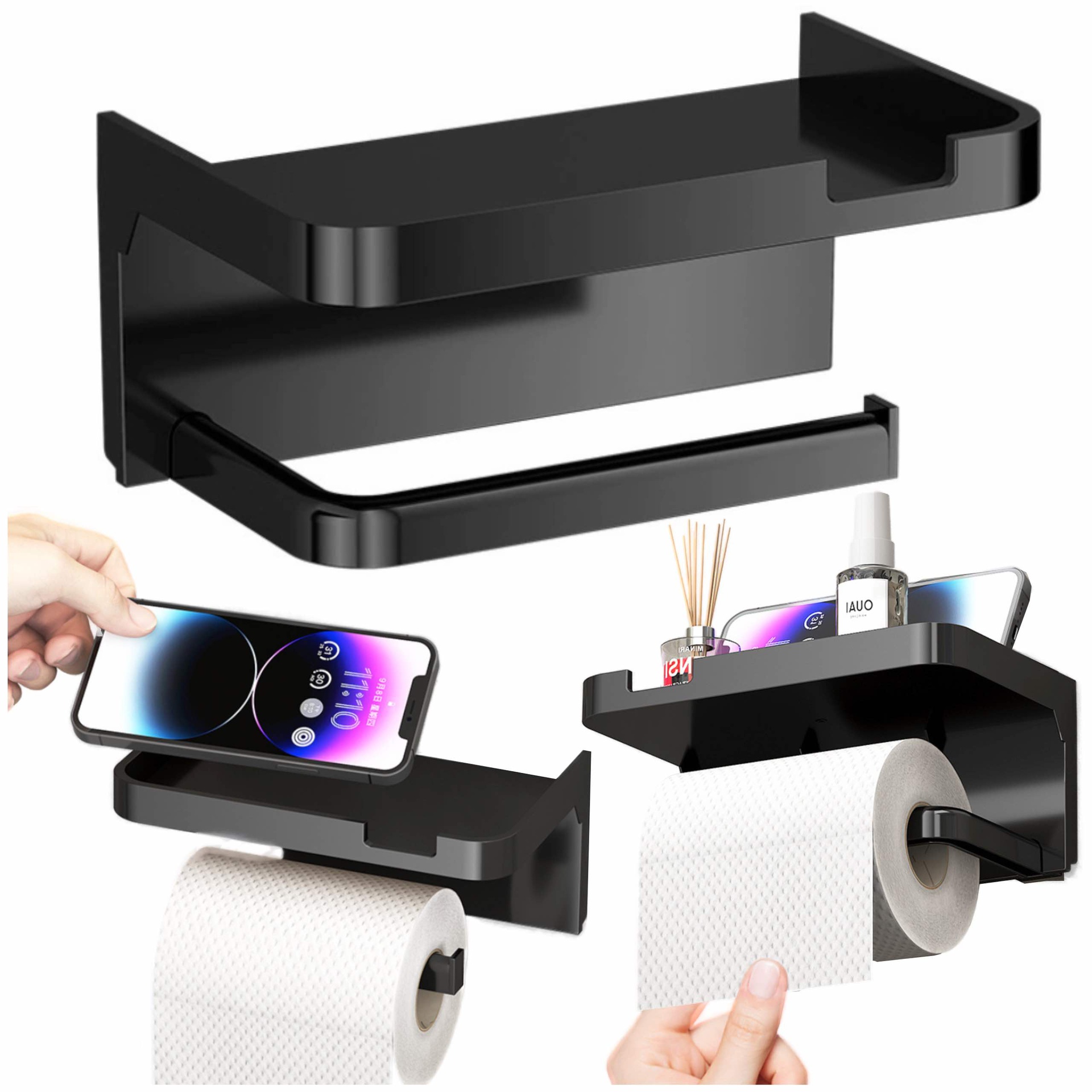 Wieszak uchwyt na papier toaletowy z półką do toalety czarny metalowy